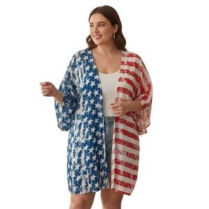 BOUTIQUE 2X Red White Blue Stars Stripes USA Flag Cardigan Cover Up